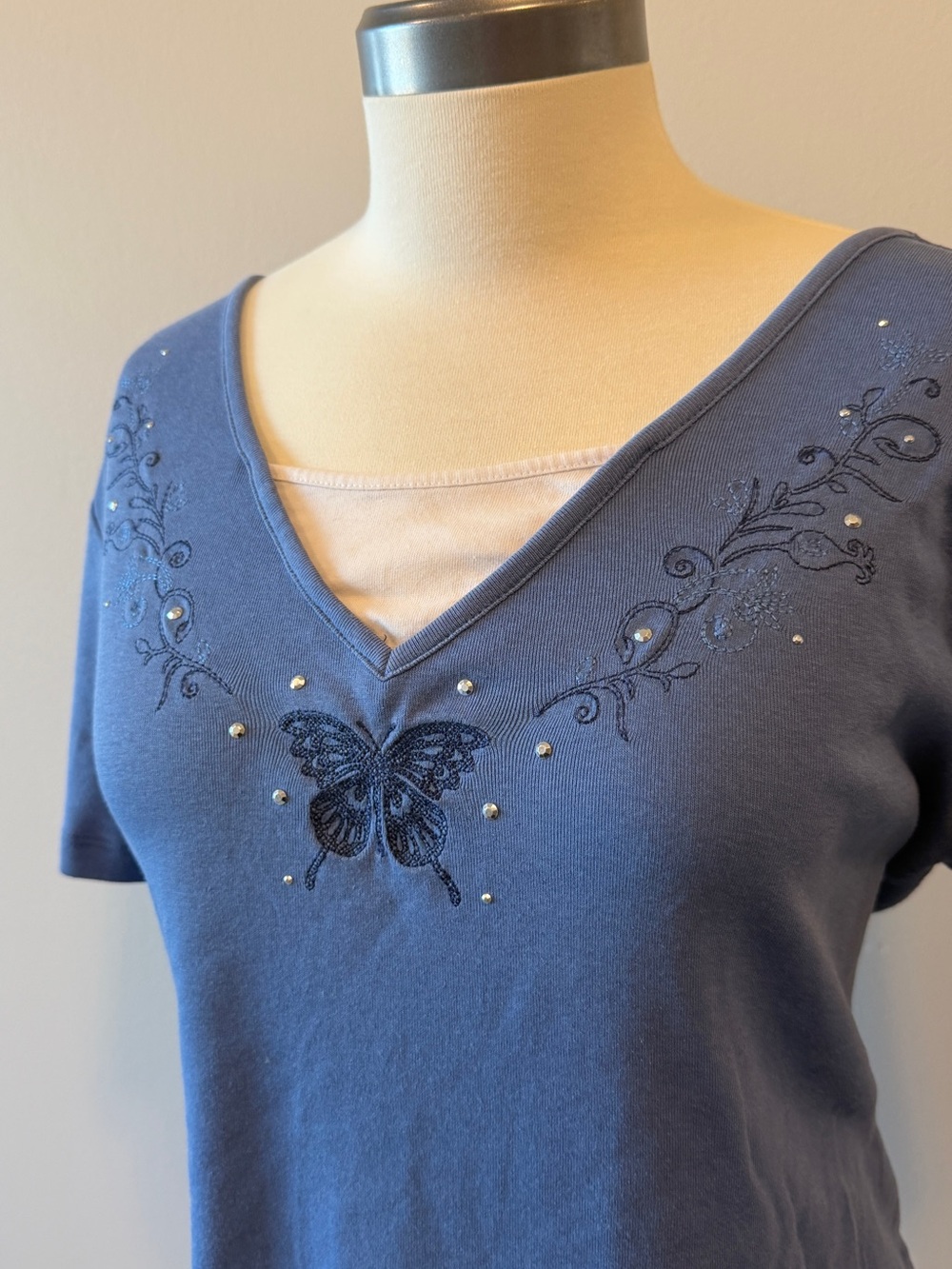 Y2K Whimsy V-Neck Embroidered Butterfly Top - Blue